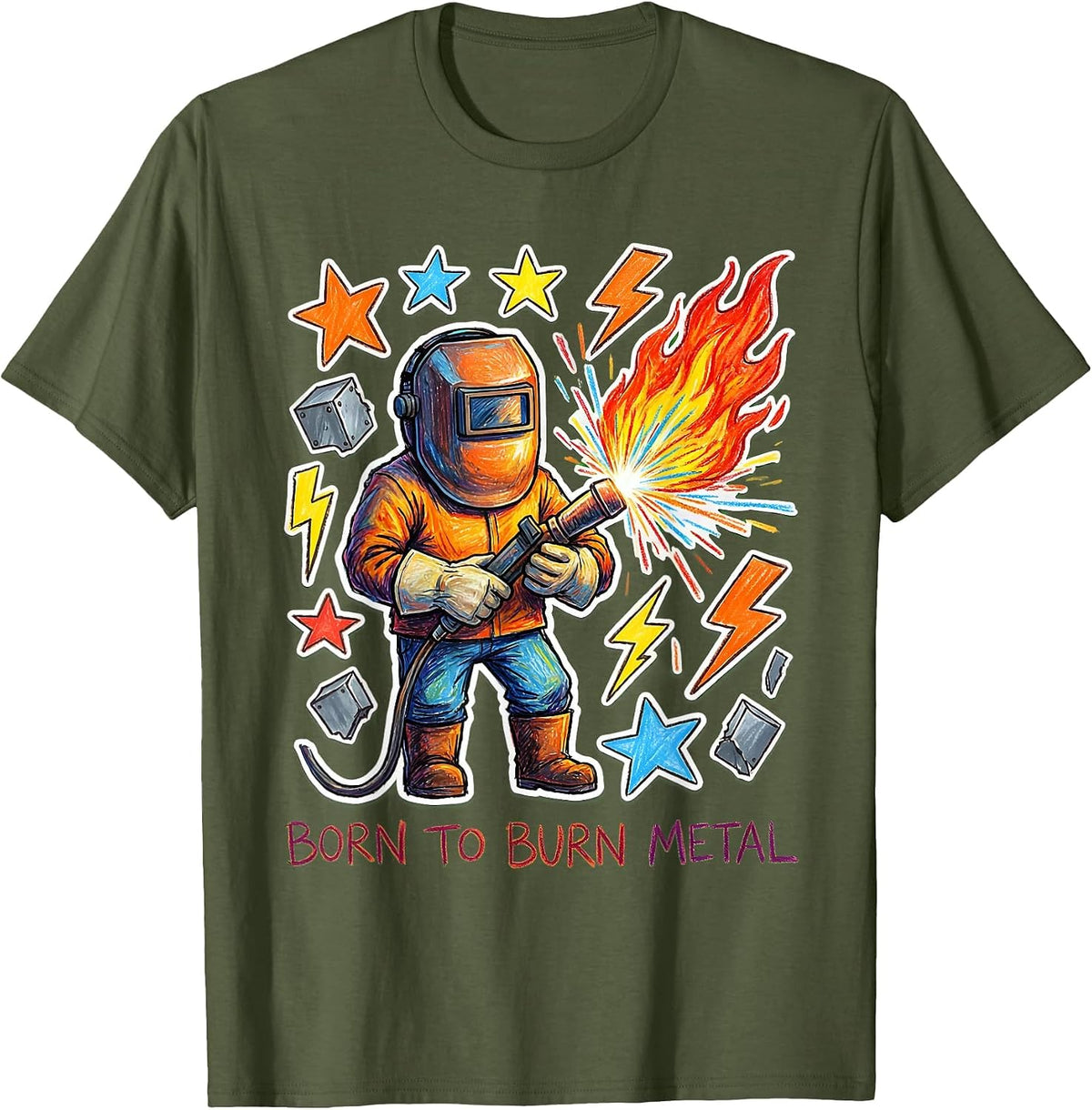 Born to Burn Metal Welder Graphic Design T-Shirt - Olive Green