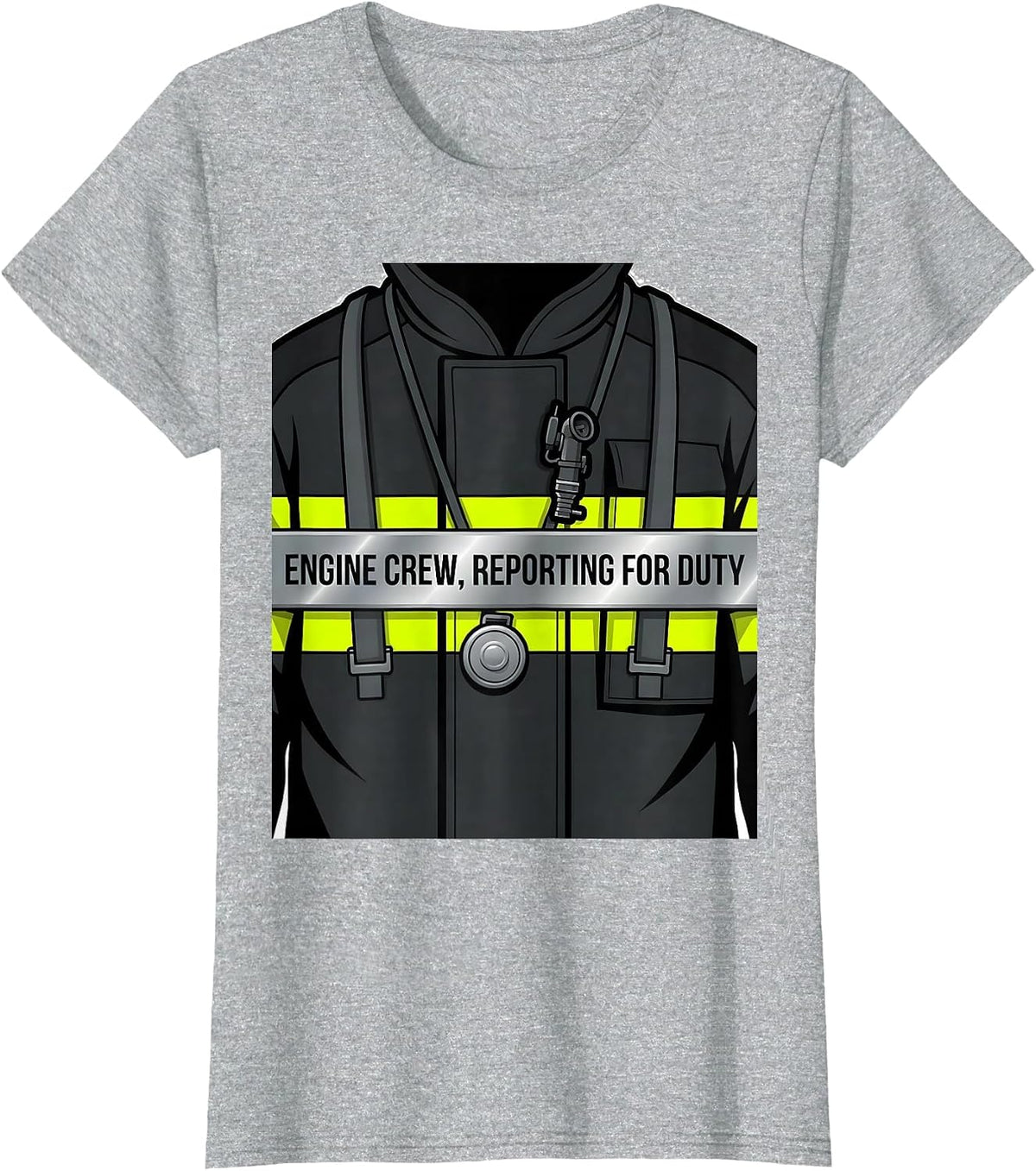 Women's ENGINE CREW, REPORTING FOR DUTY Funny Firefighter Badge T-Shirt - Heather Grey