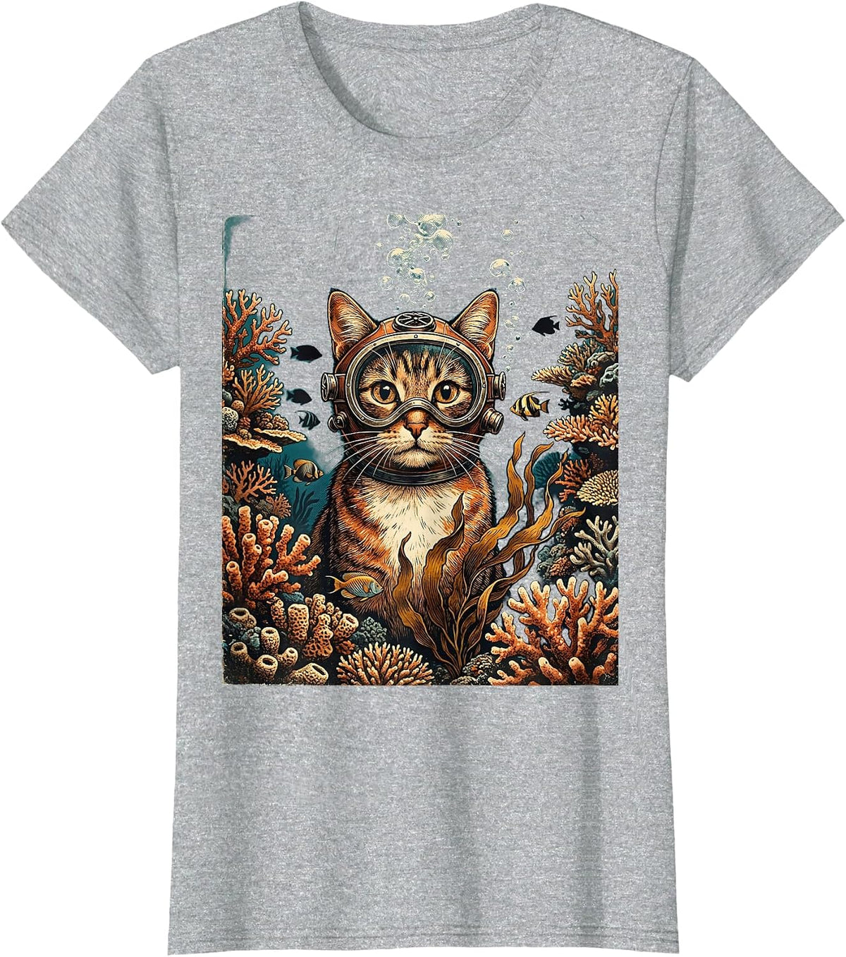 Cat Scuba Diver Underwater Reef Illustration T-Shirt - Heather Grey