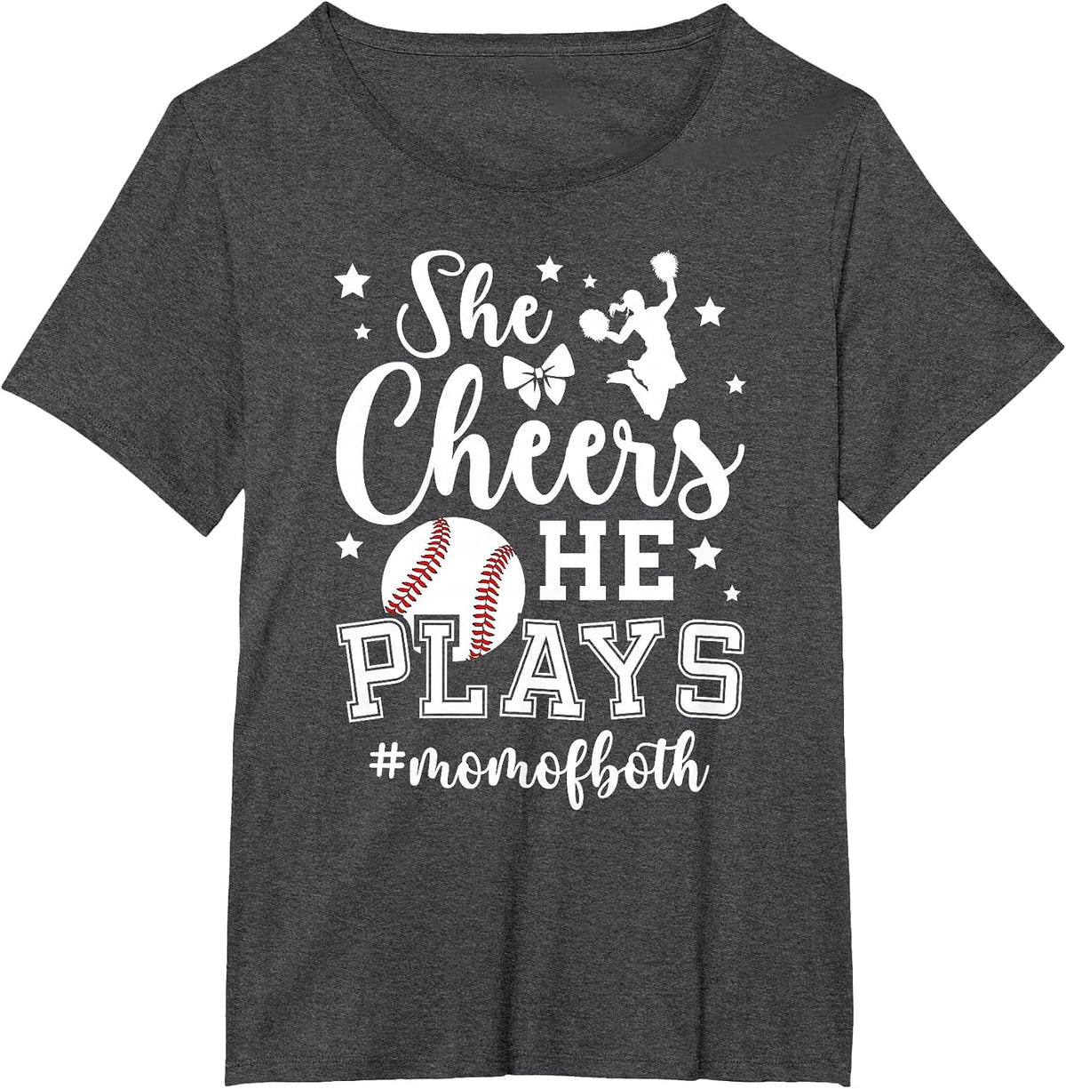 She Cheers He Plays Mom of Both Cheer and Baseball Mom T-Shirt - Dark Heather Grey