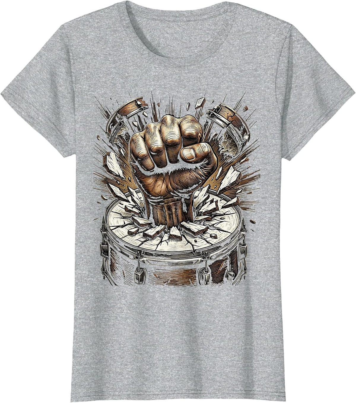 Fist Through Bass Drum Rock Music Graphic T-Shirt - Heather Grey