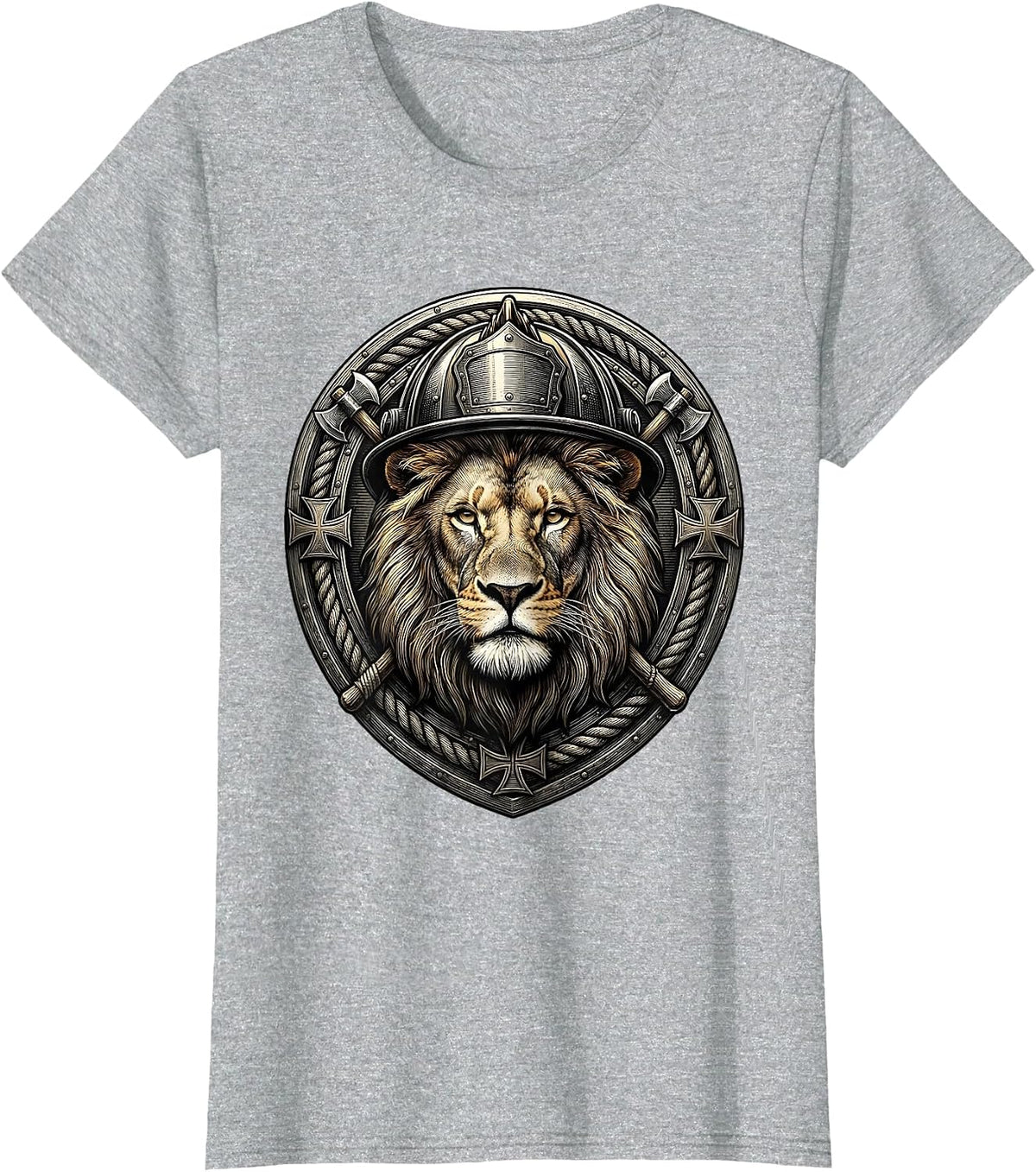 Lion Face Firefighter Helmet Graphic Design T-Shirt - Heather Grey
