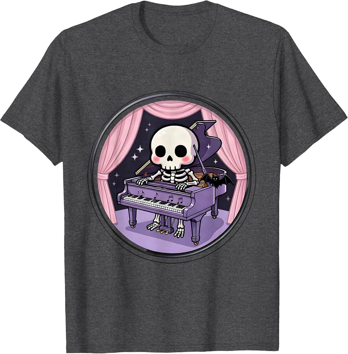Men's Skeleton Pianist Empty Theater Emo Gothic Design T-Shirt - Dark Heather Grey