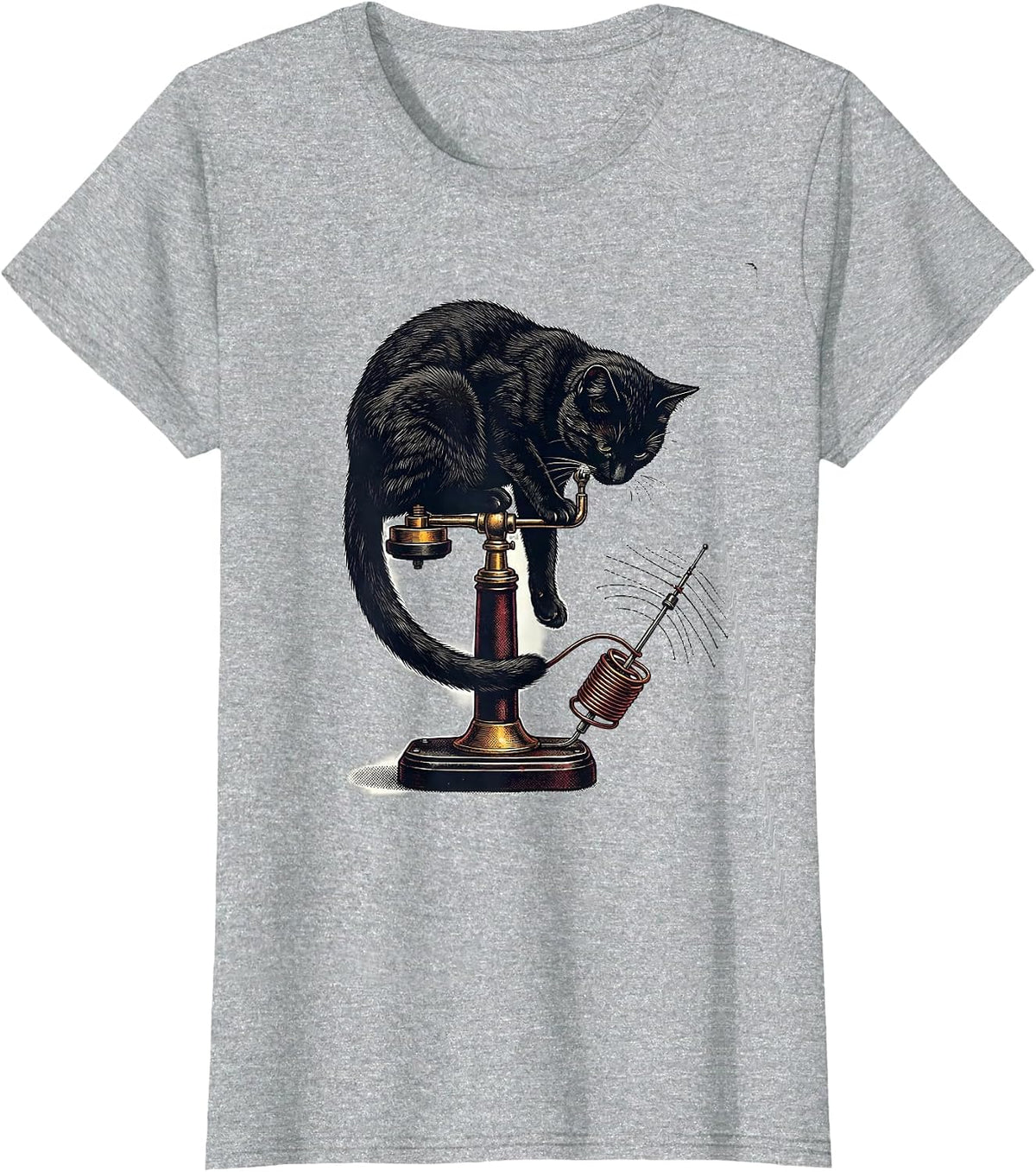 Women's Curled Cat on Telegraph Key Vintage Ham Radio Humor T-Shirt - Heather Grey
