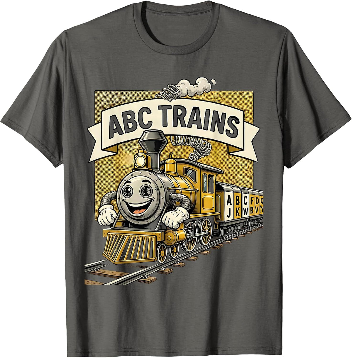 Men's ABC Trains Retro Cartoon Alphabet A-Z Kids Learning Letters T-Shirt - Asphalt Grey