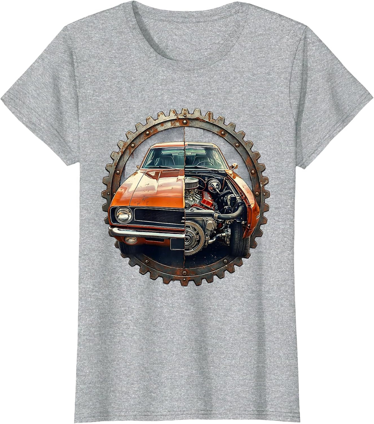 Classic Car Split Open Roaring Engine Illustration T-Shirt - Heather Grey