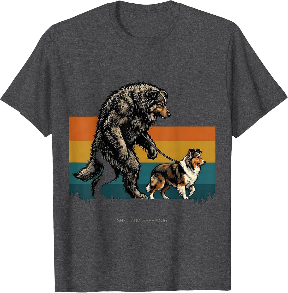 Shetland Sheepdog Bigfoot Retro Cryptid Dog Lover Novelty T-Shirt - Dark Heather Grey