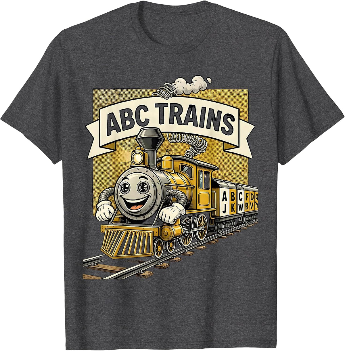 Men's ABC Trains Retro Cartoon Alphabet A-Z Kids Learning Letters T-Shirt - Dark Heather Grey