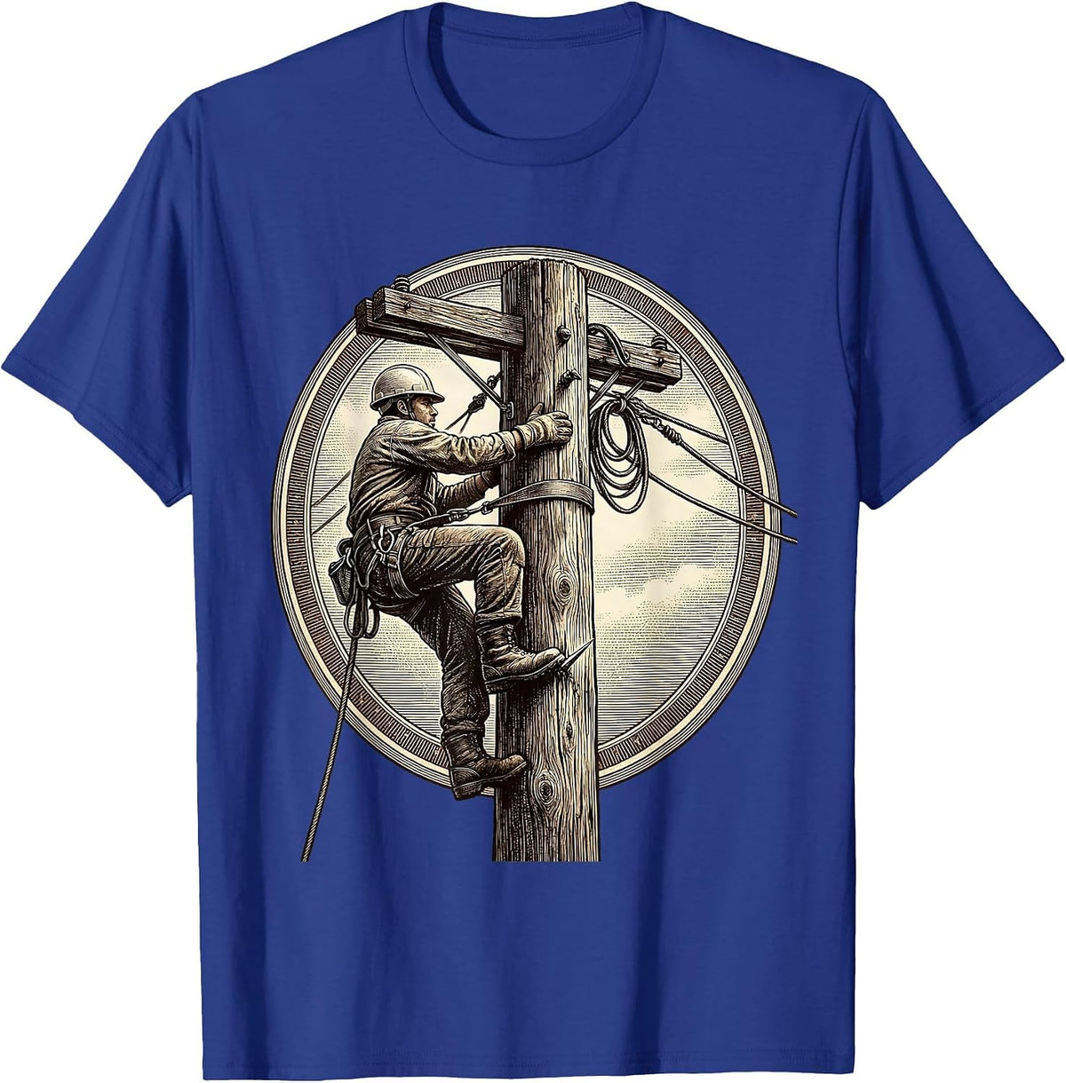 Electrician Climbing Utility Pole Graphic Tee T-Shirt - Royal Blue
