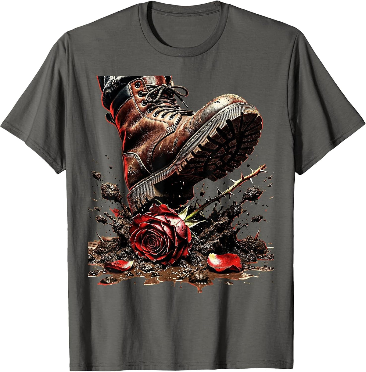 Punk Boot Stomping Rose in Mud Graphic T-Shirt - Asphalt Grey