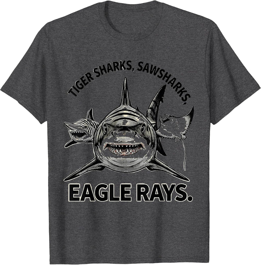 Men's Tiger Sharks Sawsharks Eagle Rays Funny Shark Lover Ocean T-Shirt - Dark Heather Grey
