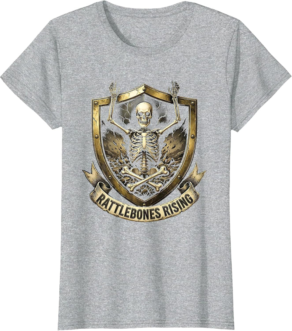 Rattlebones Rising Dark Skeleton Graphic Design T-Shirt - Heather Grey