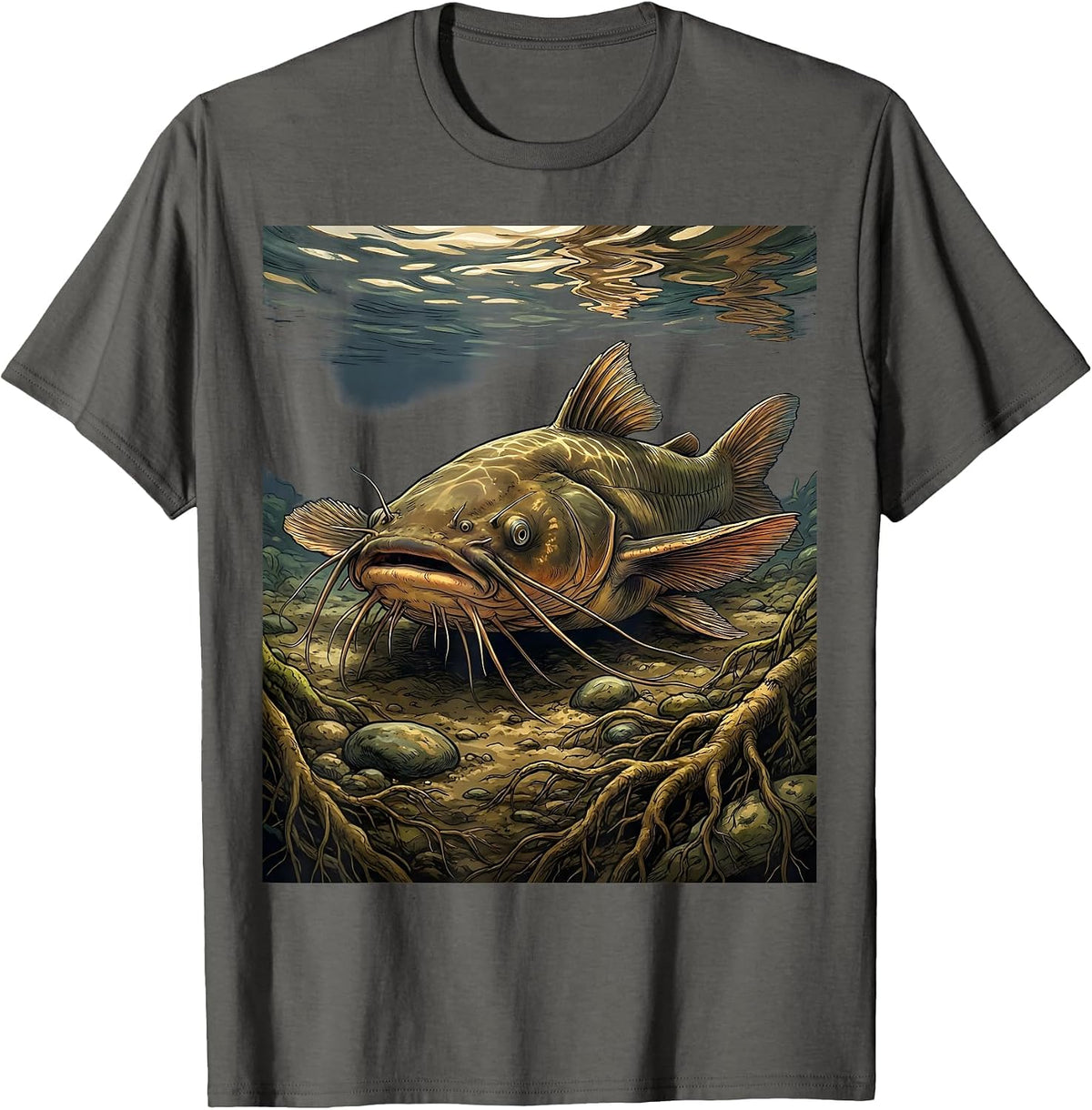 Men's Catfish Muddy River Bottom Fishing Graphic T-Shirt - Asphalt Grey