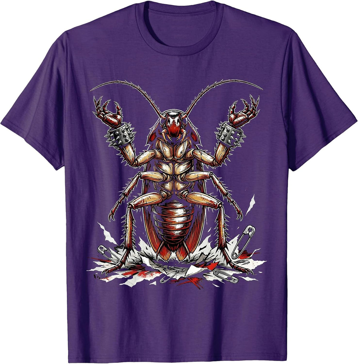 Punk Cockroach Studded Wristbands Graphic T-Shirt - Purple