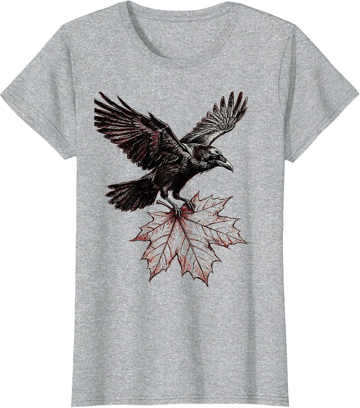 Raven With Blood-Red Maple Leaf Fall Design T-Shirt - Heather Grey