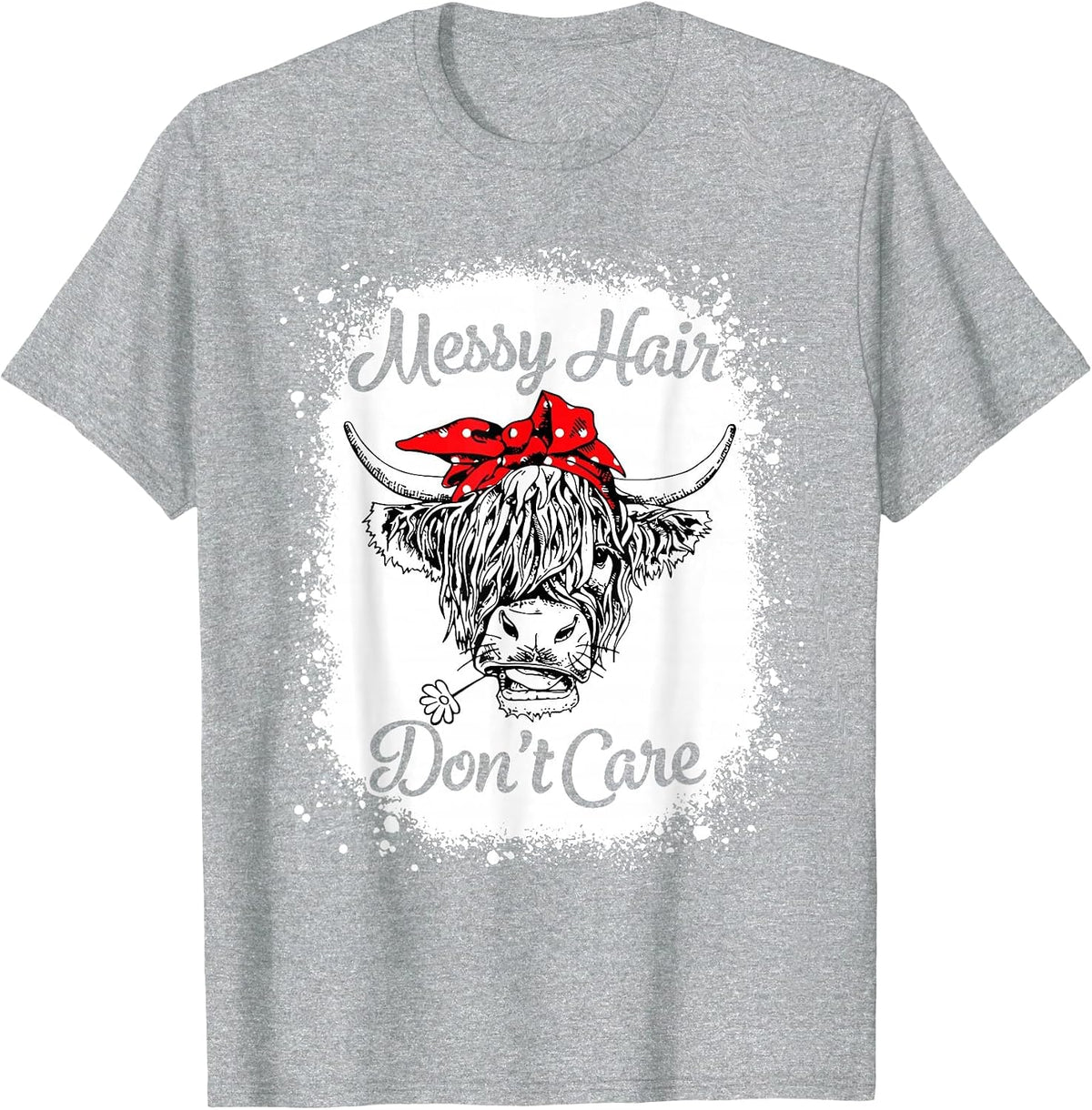 Bleached Highland Cow Cattle Bandana Messy Hair Don't Care T-Shirt - Heather Grey