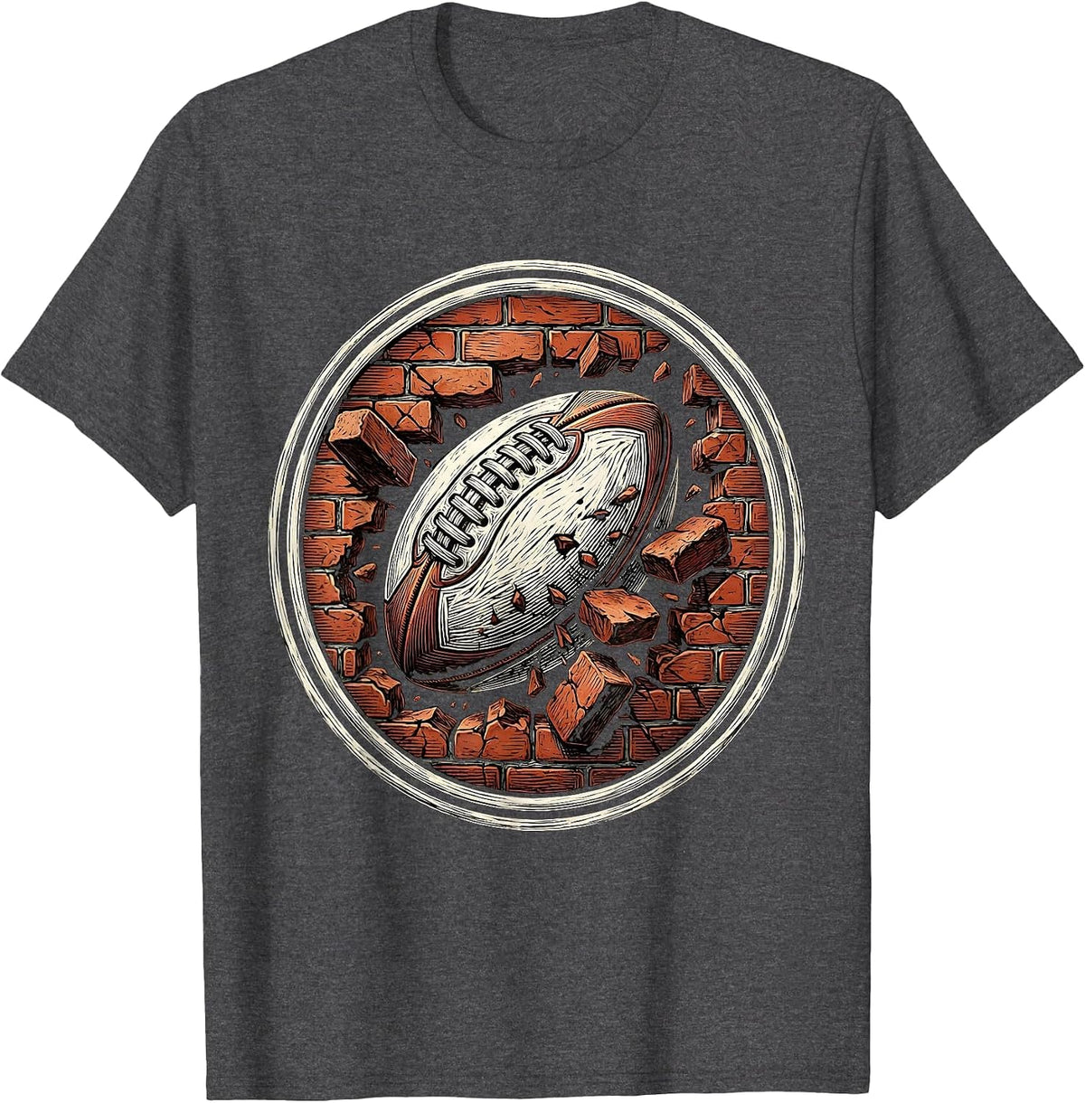 Rugby Ball Smashing Through Brick Wall Graphic T-Shirt - Dark Heather Grey