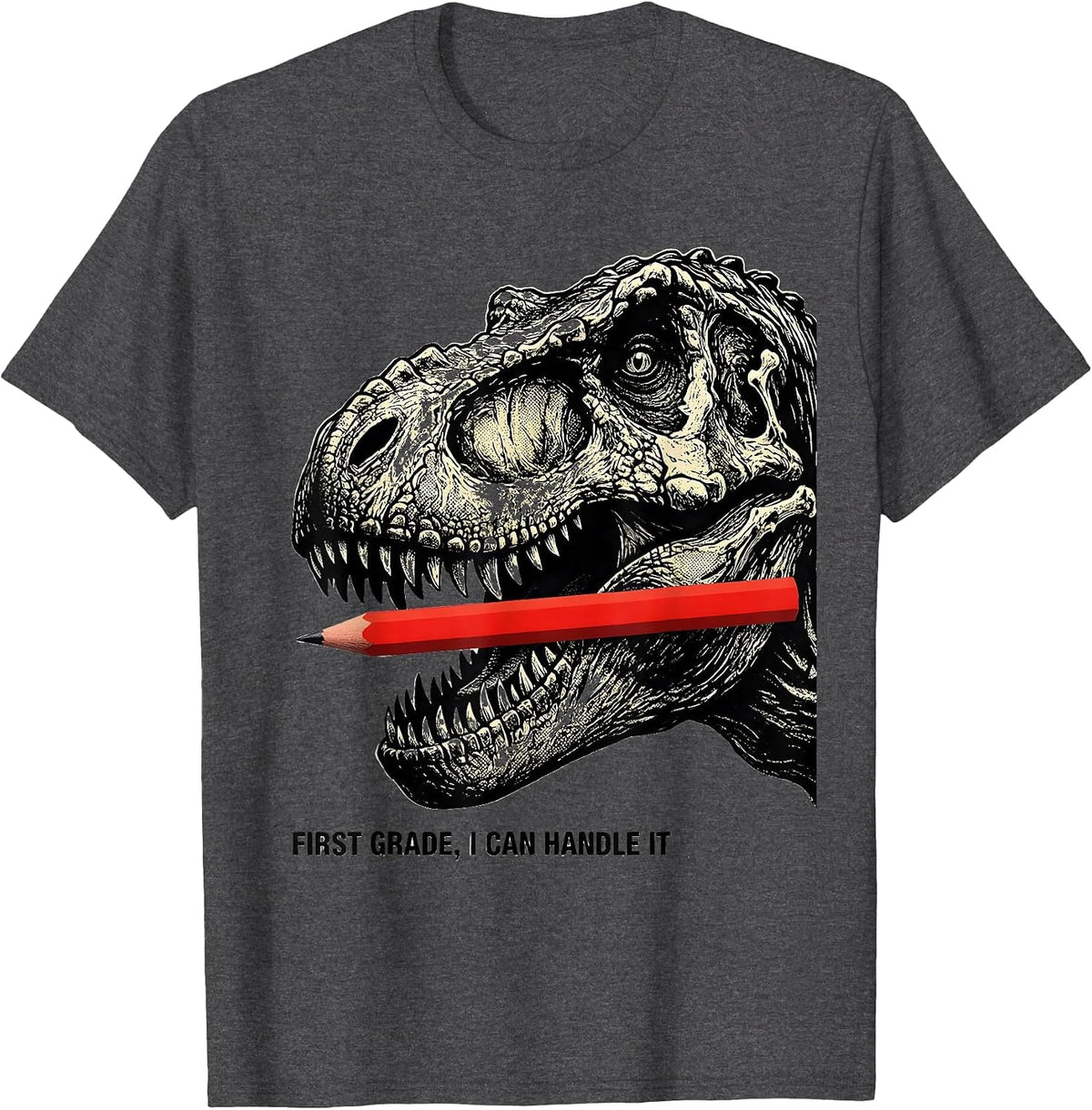 Men's First Grade I Can Handle It Playful Dinosaur Boy Back T-Shirt - Dark Heather Grey