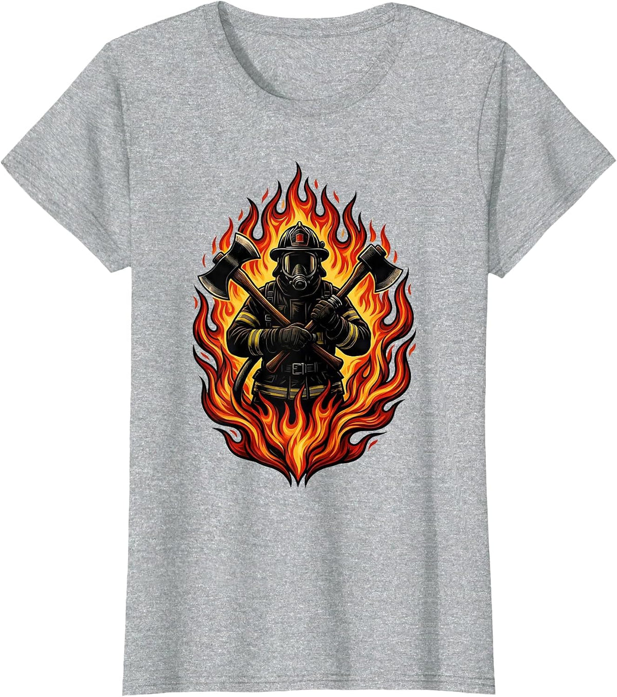 Firefighter Silhouette Against Wall of Flames T-Shirt - Heather Grey