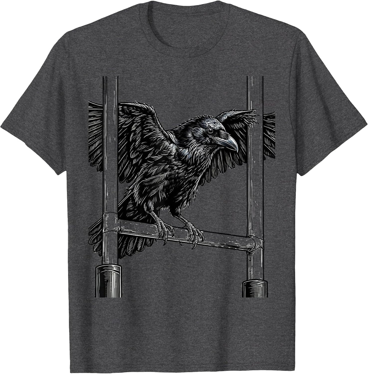 Crow on Rugby Goalposts Graphic Design T-Shirt - Dark Heather Grey