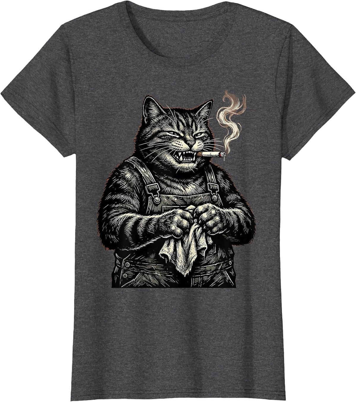 Women's Cat Mechanic With Cigarette Graphic Design T-Shirt - Dark Heather Grey
