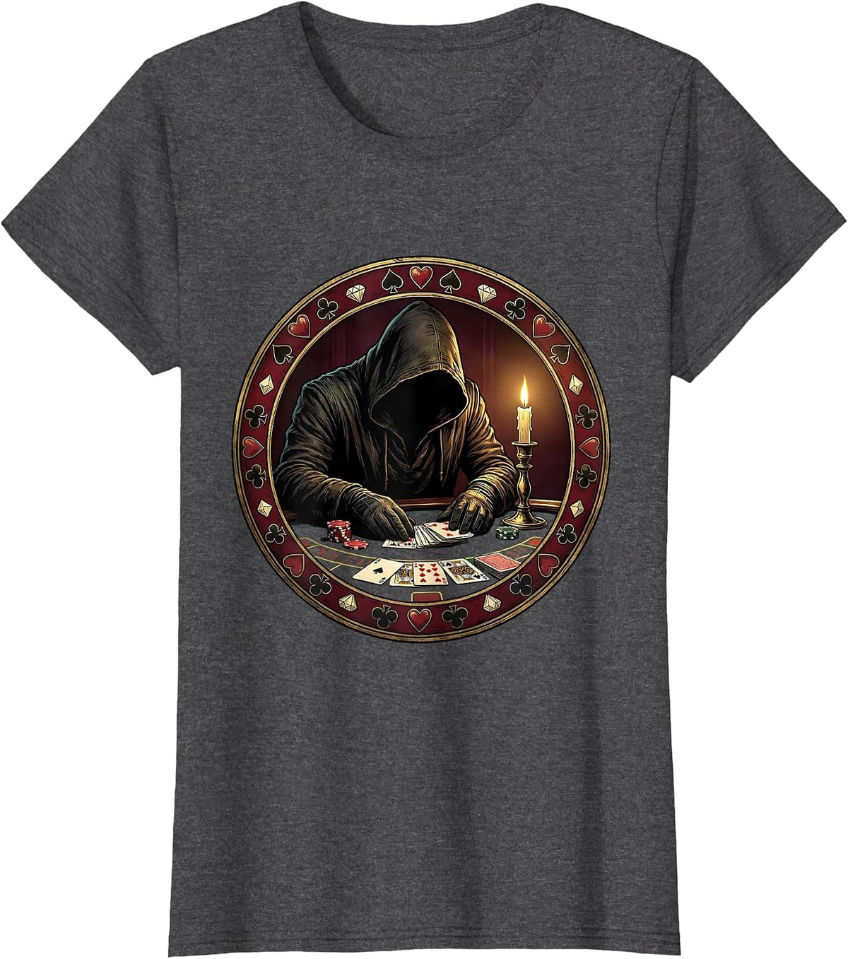 Women's Shadowed Casino Figure Gambling Graphic Tee T-Shirt - Dark Heather Grey