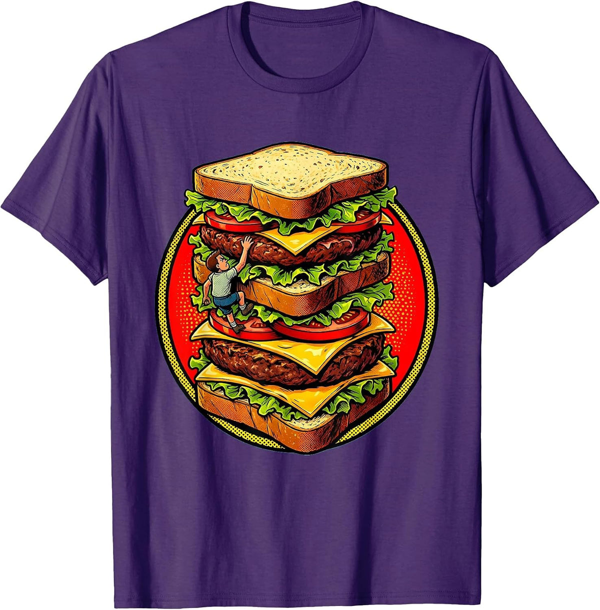 Tiny Man Climbing a Giant Stacked Sandwich T-Shirt - Purple