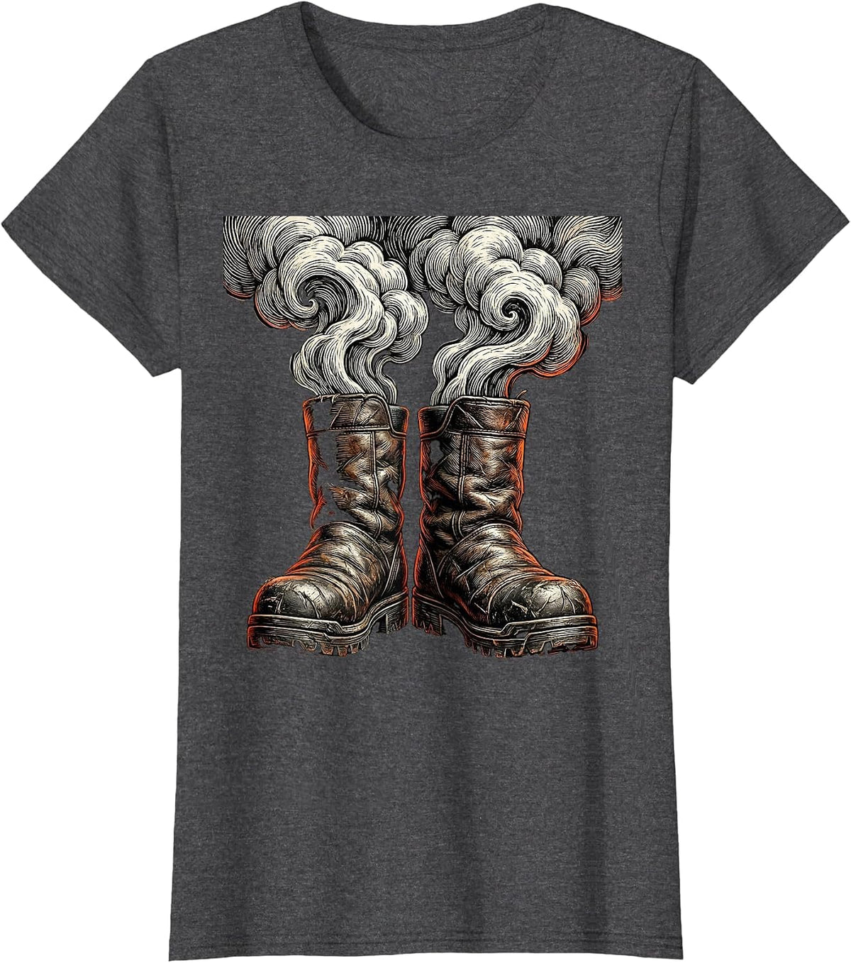 Women's Worn Firefighter Turnout Boots Smoking Graphic T-Shirt - Dark Heather Grey