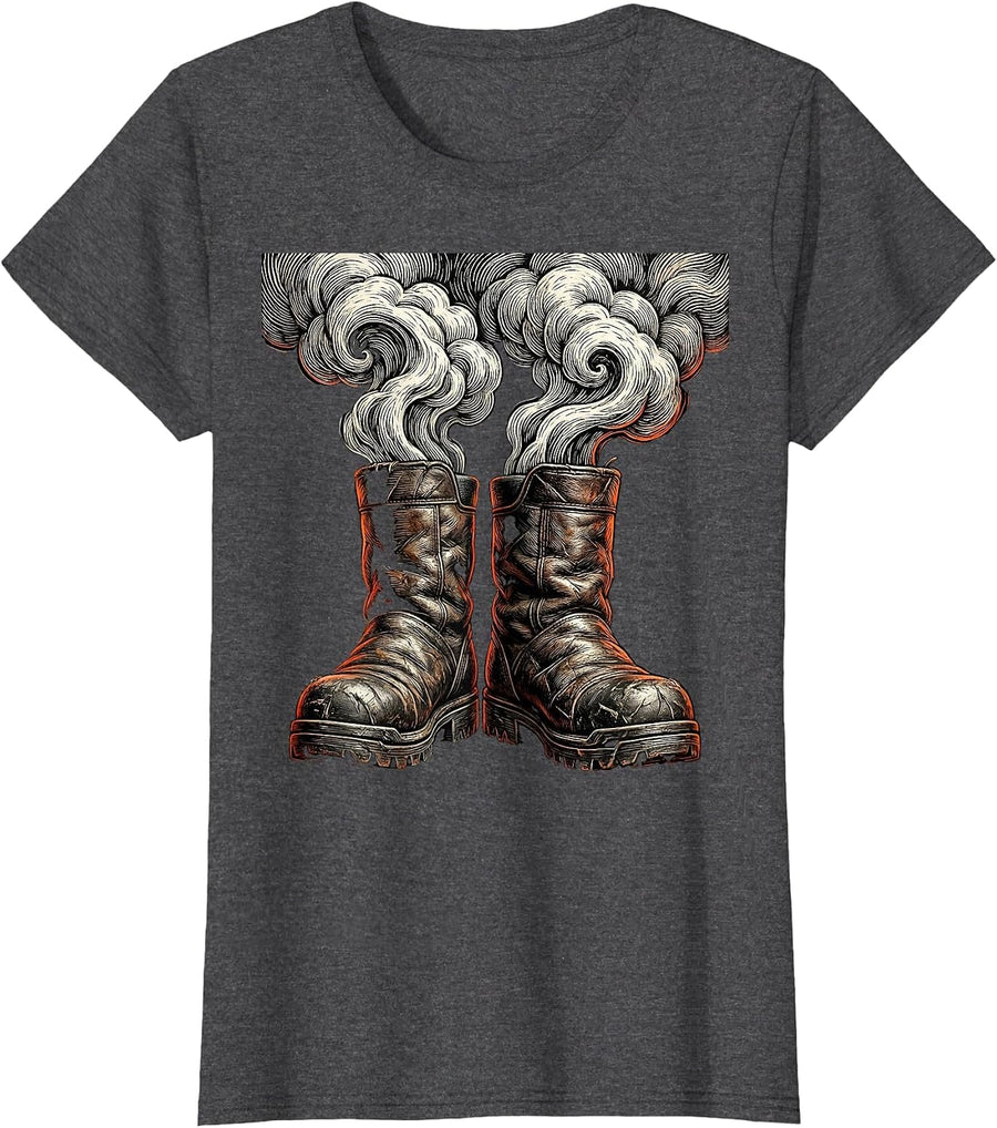 Women's Worn Firefighter Turnout Boots Smoking Graphic T-Shirt - Dark Heather Grey
