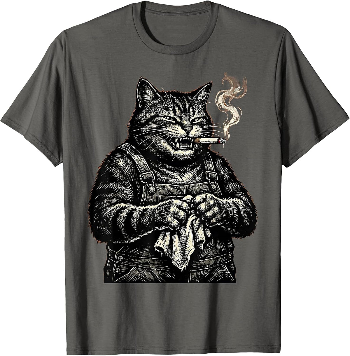 Men's Cat Mechanic With Cigarette Graphic Design T-Shirt - Asphalt Grey