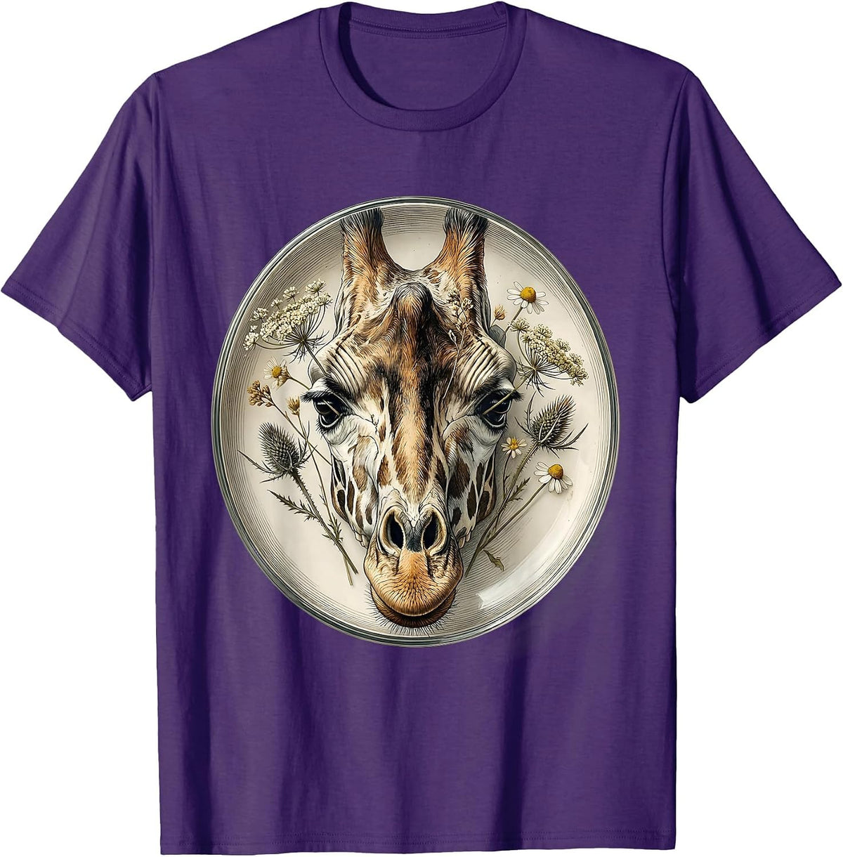 Men's Giraffe Skull Wildflowers Gothic Nature Art T-Shirt - Purple