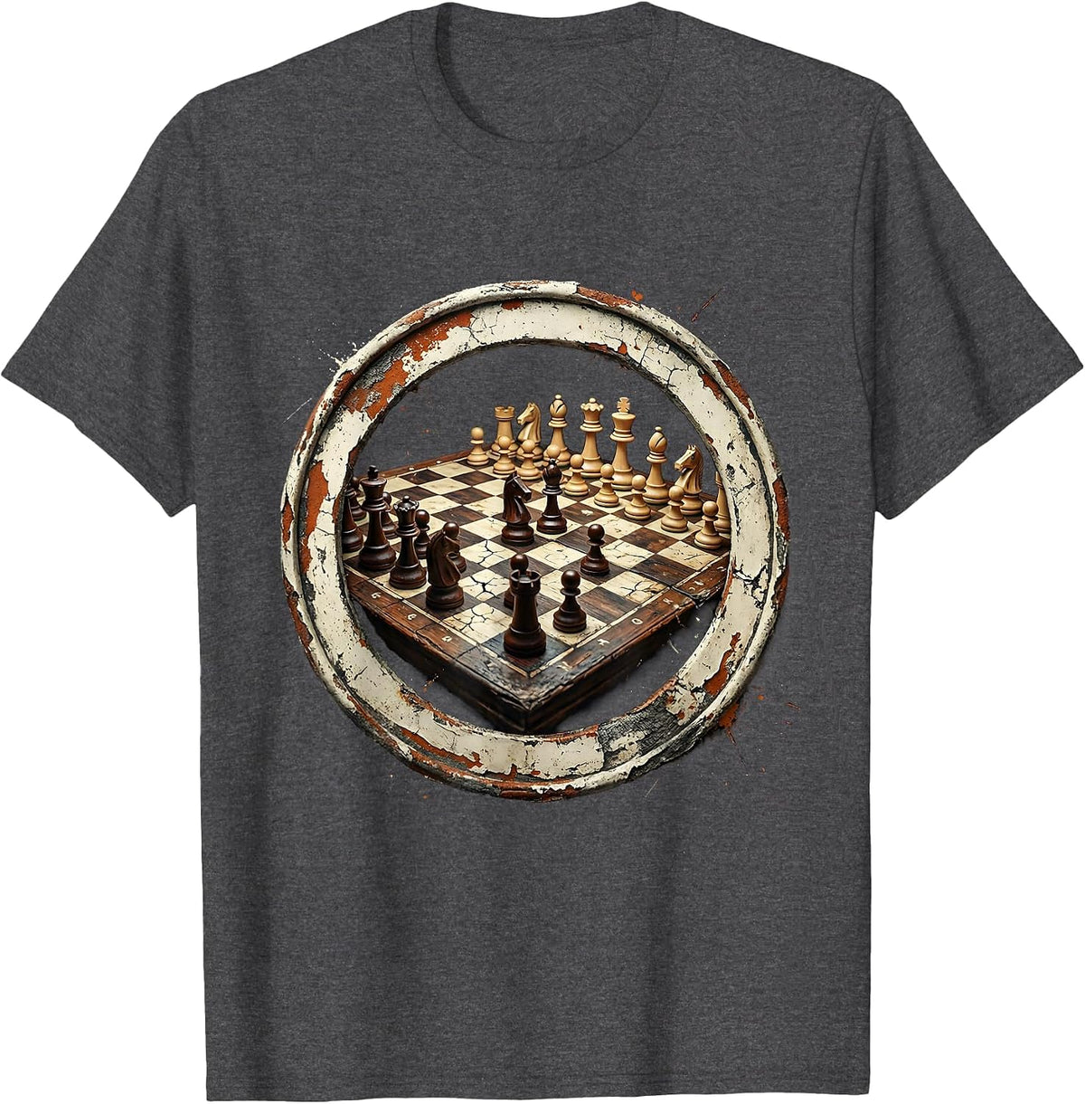Retired Chess Player Mid-Game Board Illustration T-Shirt - Dark Heather Grey
