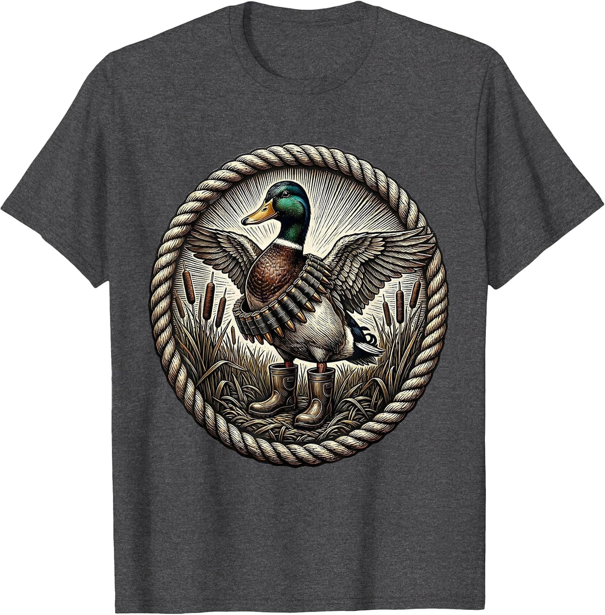 Duck Hunting Waders and Shell Belt Graphic T-Shirt - Dark Heather Grey