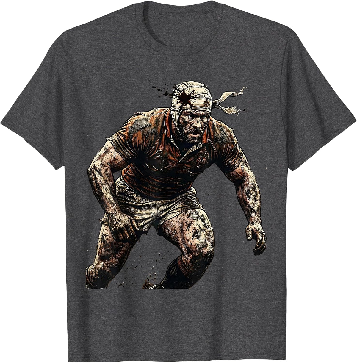 Bloodied Rugby Warrior Charging Graphic T-Shirt - Dark Heather Grey