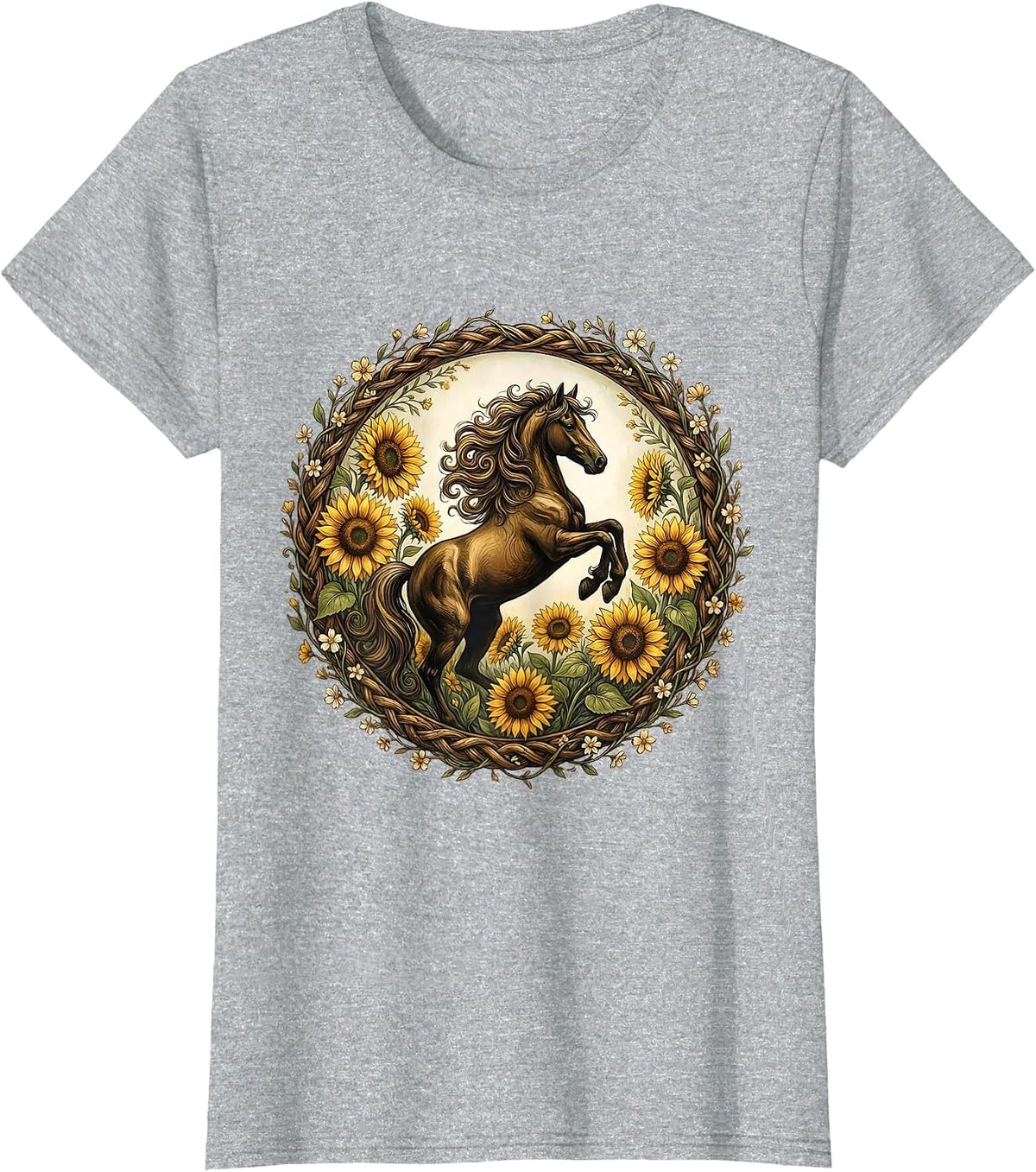 Floral Derby Rearing Stallion Sunflower Design T-Shirt - Heather Grey