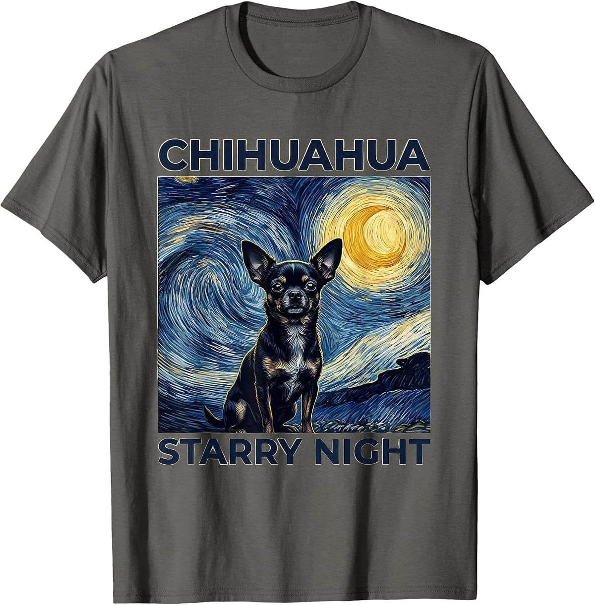 Men's Chihuahua Starry Night Painterly Van Gogh Pet Lover Art T-Shirt - Asphalt Grey