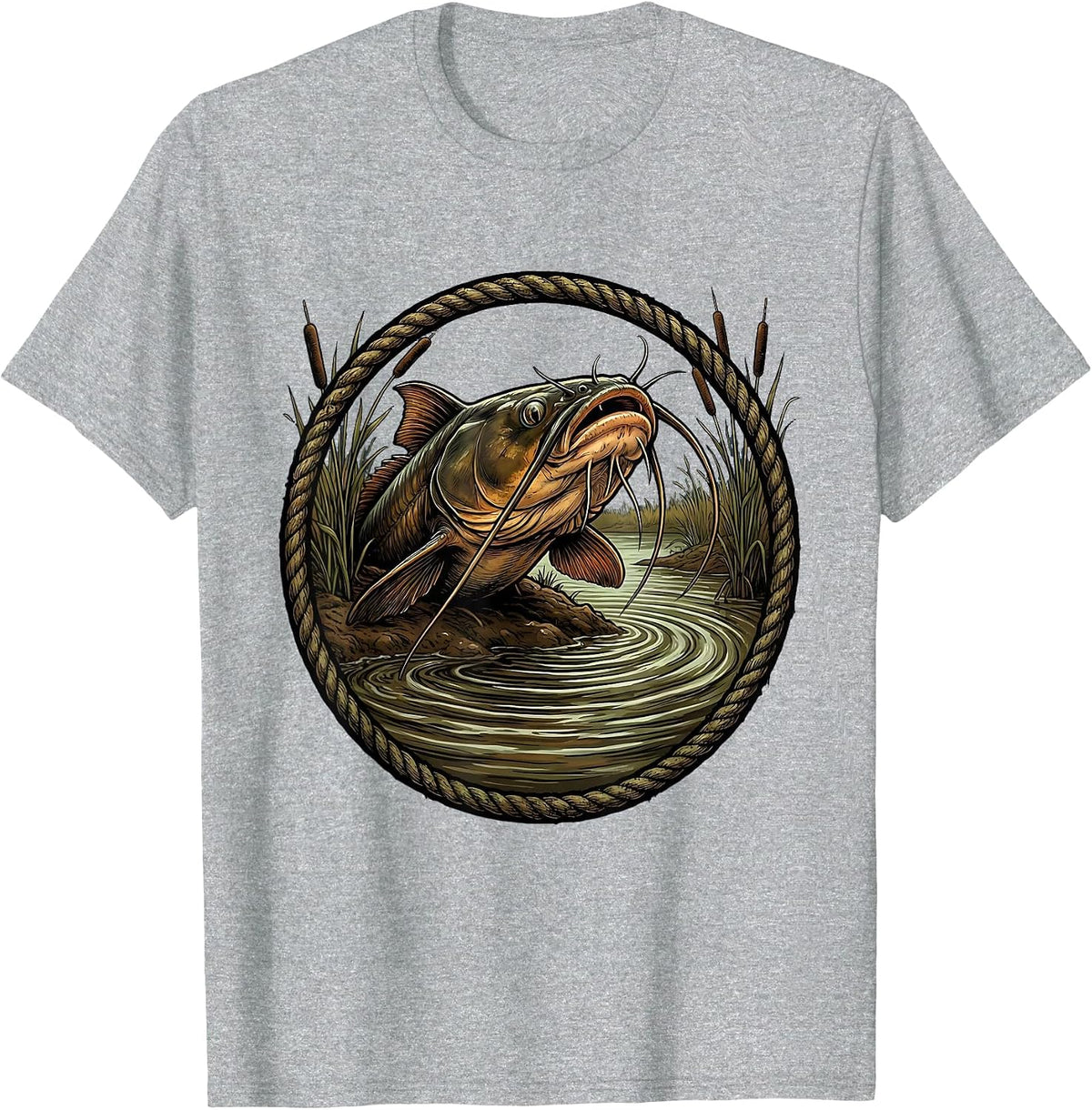 Men's Catfish Whiskers Muddy Riverbank Fishing Graphic T-Shirt - Heather Grey