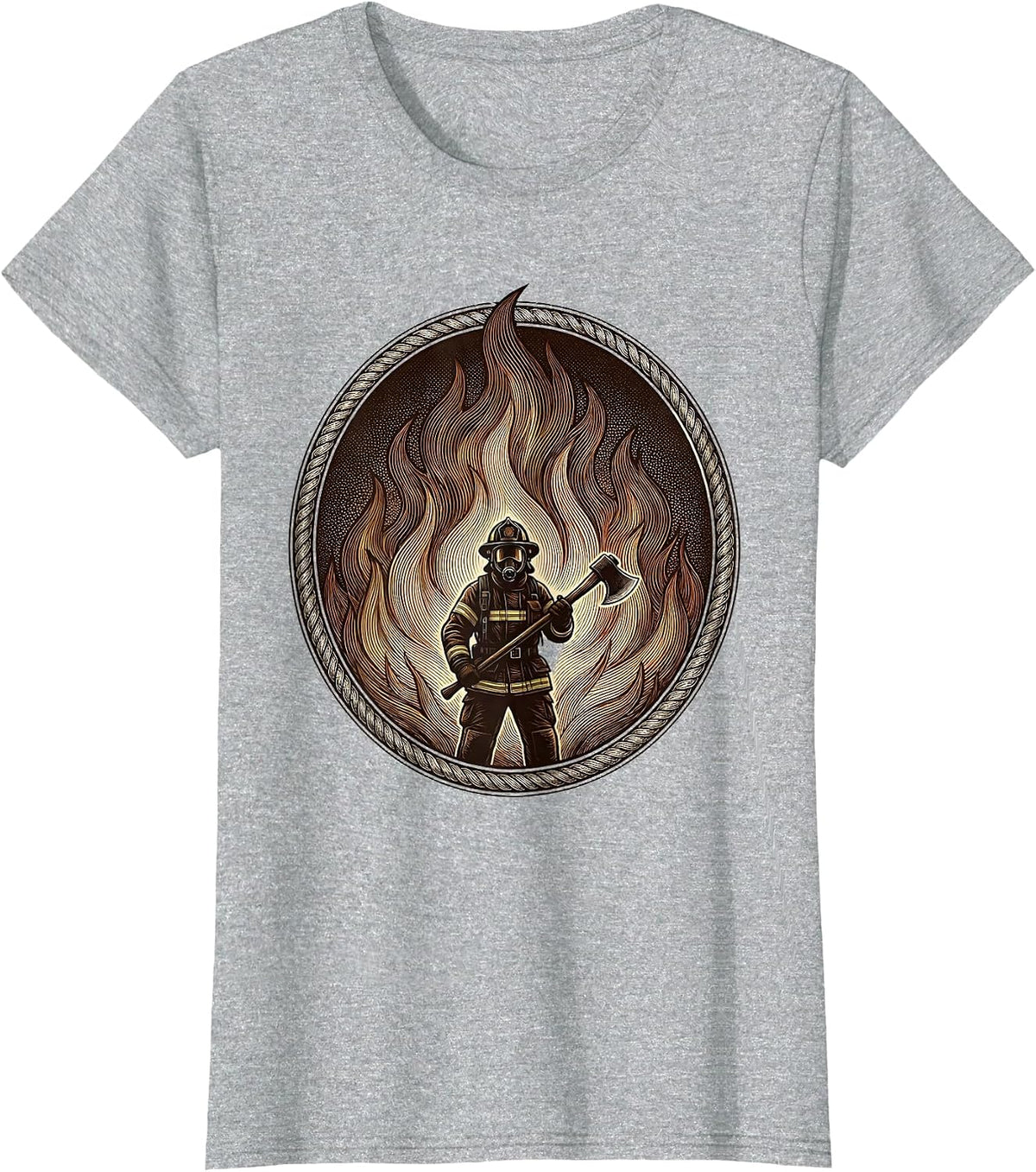 Women's Firefighter Silhouette Against Wall of Flames T-Shirt - Heather Grey