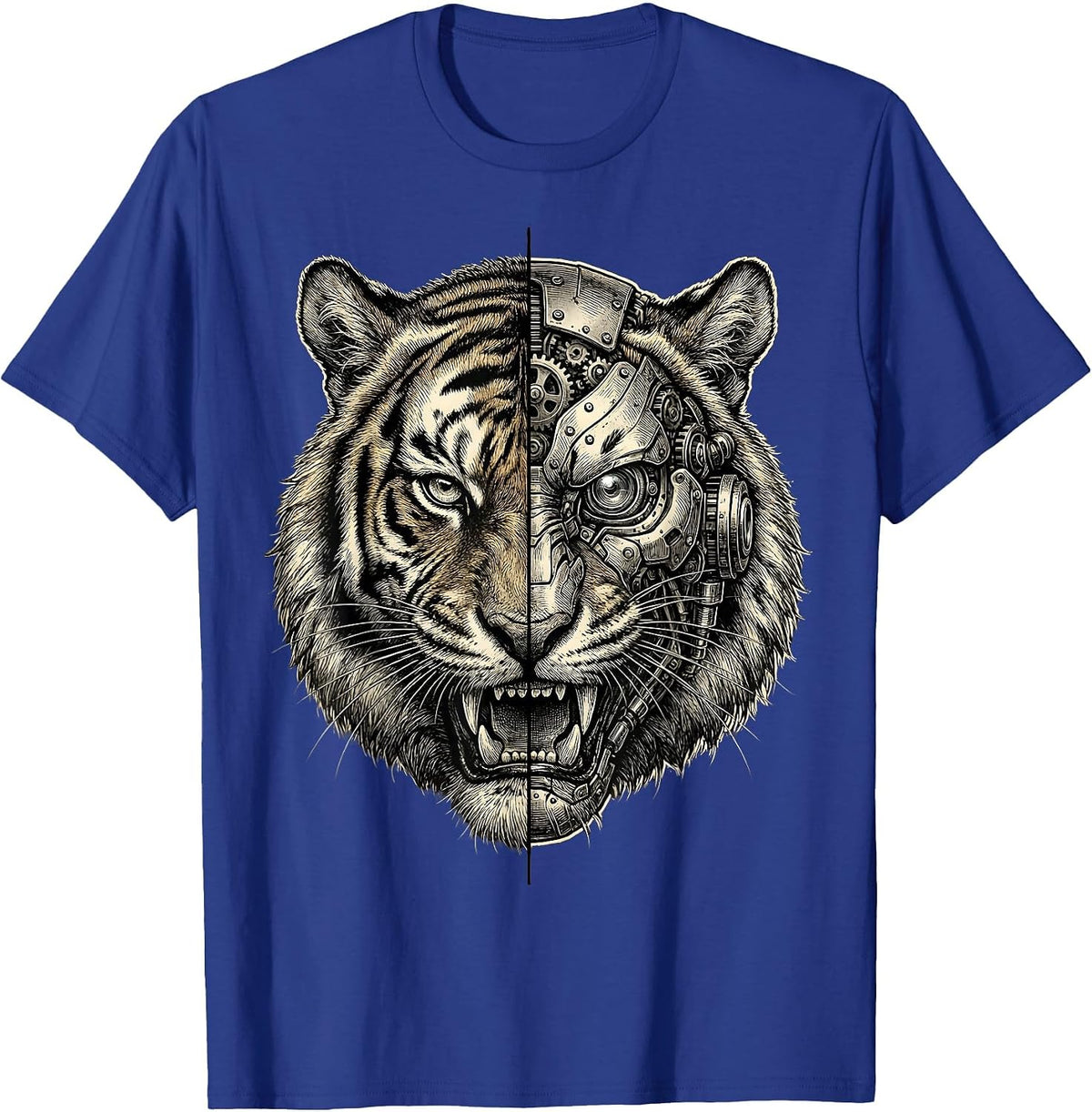 Men's Half Tiger Half Robot Mechanical Face Graphic T-Shirt - Royal Blue