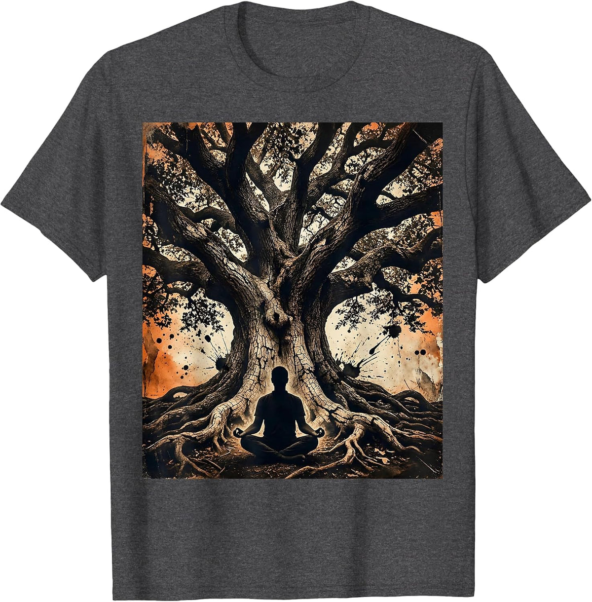 Men's Meditating Figure Under Ancient Twisted Oak Tree T-Shirt - Dark Heather Grey