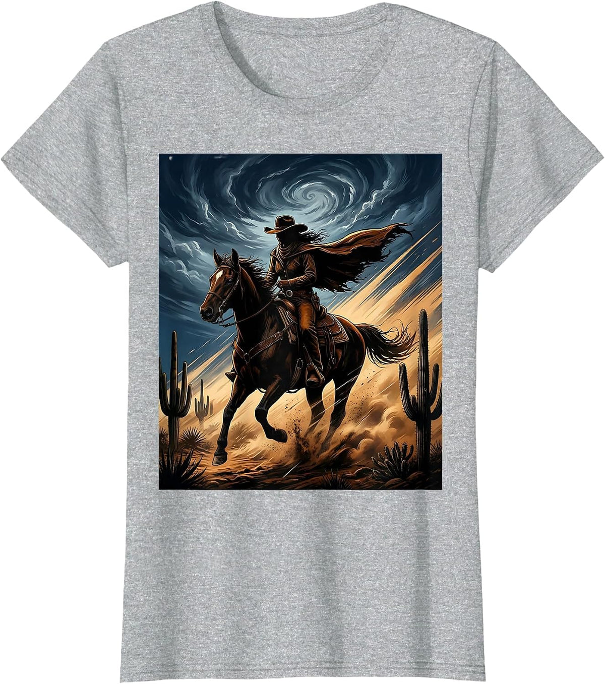 Cowgirl Riding Horse Through Desert Storm T-Shirt - Heather Grey