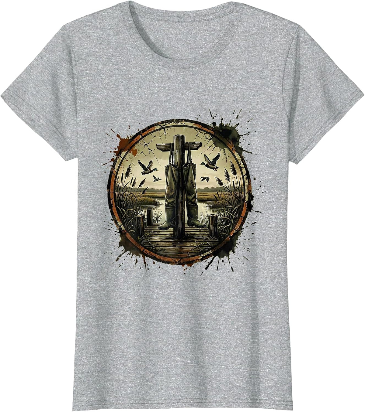 Duck Camo Waders on Weathered Dock Illustration T-Shirt - Heather Grey