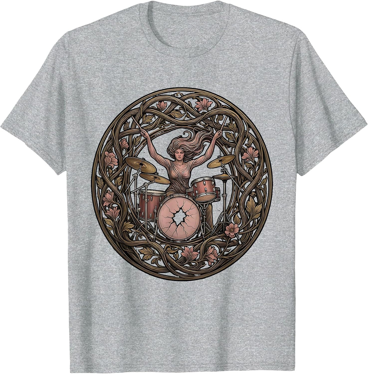Men's Drummer Through Cracked Bass Drum Band Tee T-Shirt - Heather Grey