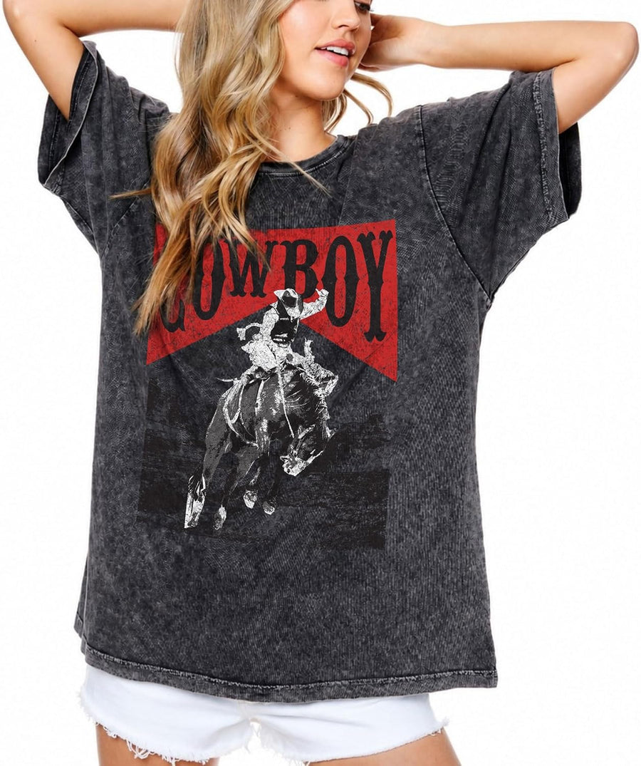Women’s Oversized Graphic T-Shirt, Vintage Mineral Wash Trendy Casual Loose Fit Tee - Red Cowboy Black