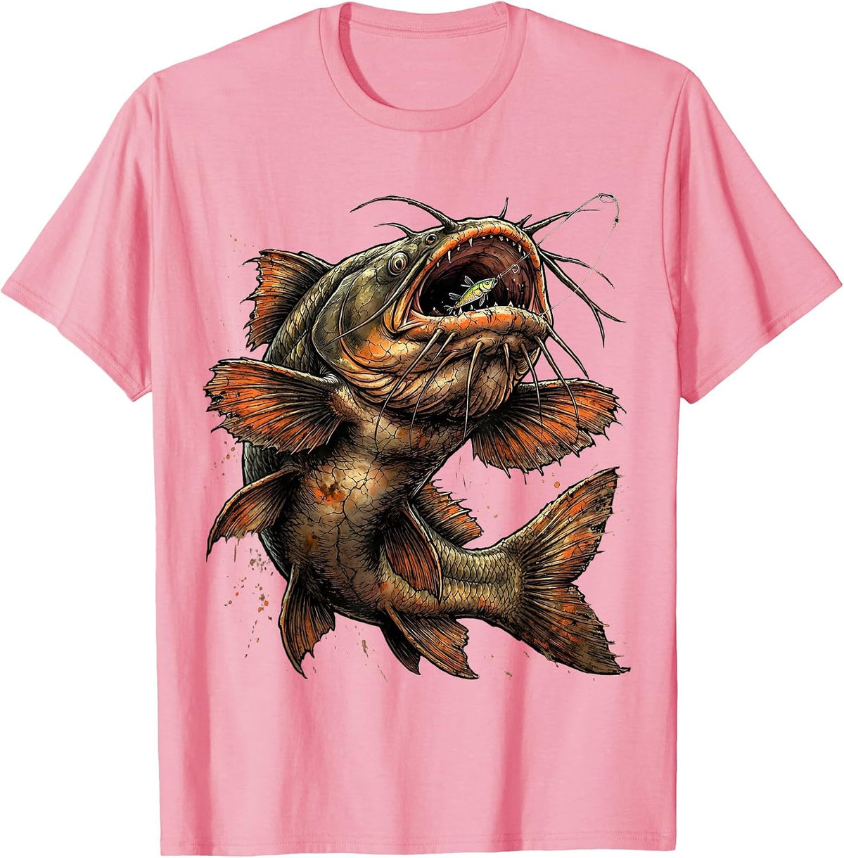 Men's Catfish Swallowing Lure Fishing Graphic T-Shirt - Pink