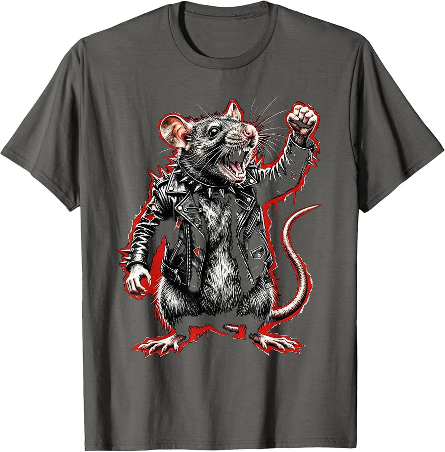 Punk Rat in Leather Jacket Graphic Tee T-Shirt - Asphalt Grey