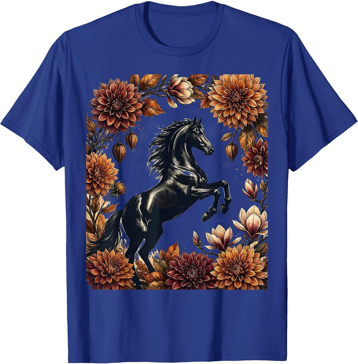 Rearing Stallion Autumn Floral Arch Derby Design T-Shirt - Royal Blue