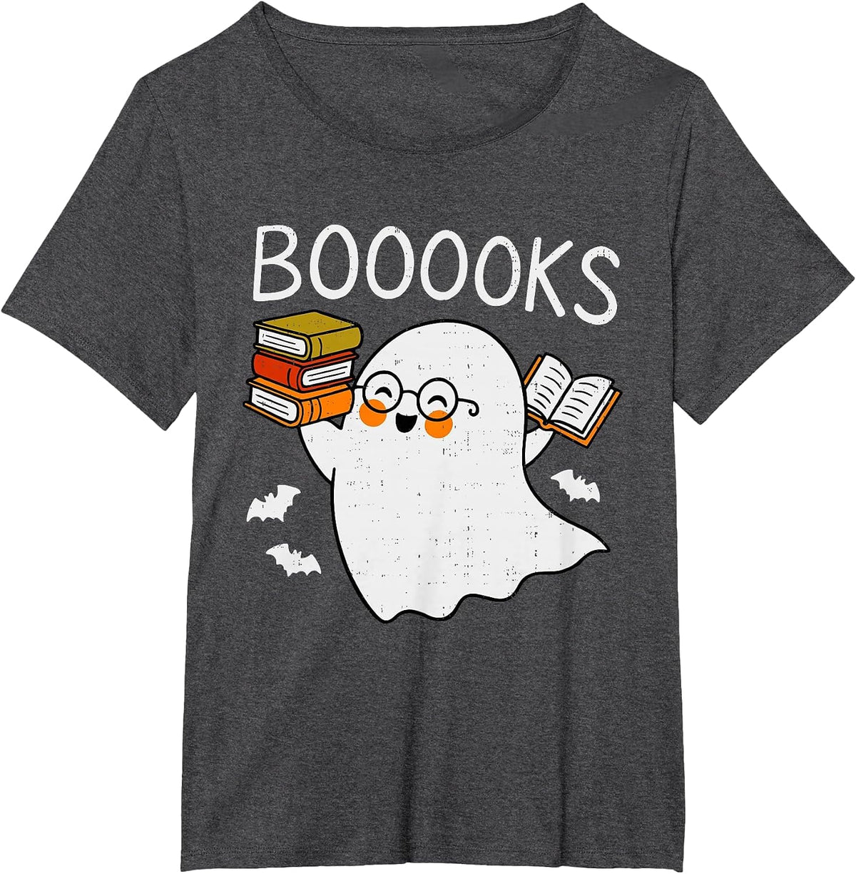 Booooks Ghost Reading Halloween Library Librarian Teacher T-Shirt - Dark Heather Grey