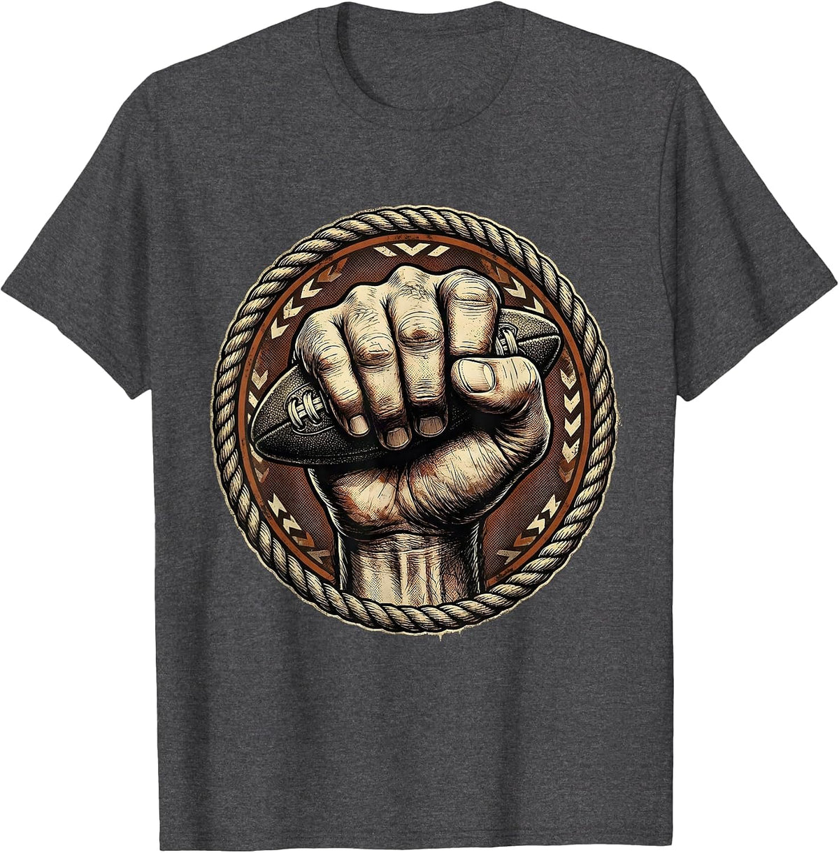 Giant Fist Gripping Rugby Ball Graphic T-Shirt - Dark Heather Grey