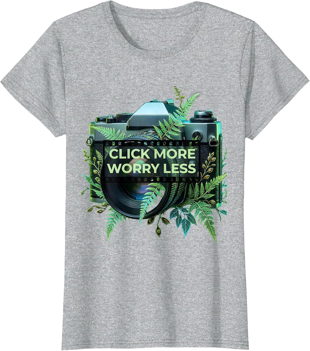 Women's Click More Worry Less Photography Design T-Shirt - Heather Grey